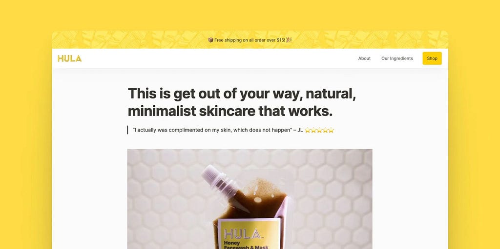 Screen shot of the thisishula.com homepage with headline and image of face wash and mask product.