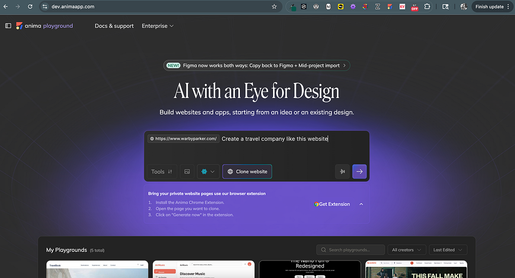 Anima generates prototypes starting from Figma designs, live websites, or brand inspiration