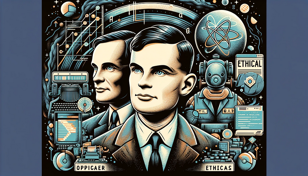 Alan Turing’in AI üzerindeki tarihsel etkisini ve Oppenheimer ile etik paralelliklerini gösteren tasarım, AI’deki etik yönetim ve sorumluluk temalarını simgeleyen unsurlar içeriyor.