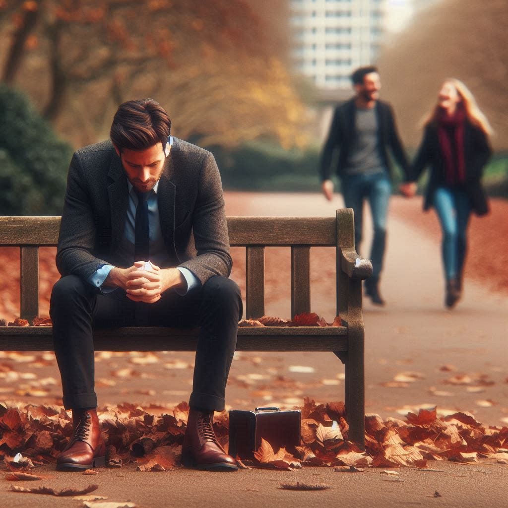 A man sitting on a park bench distraught about infertility possibilities.