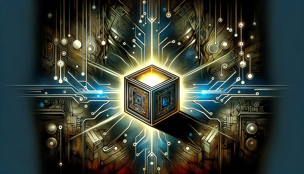 llustrative image depicting a mysterious, glowing box symbolizing Pandora’s Box, intertwined with digital elements and circuitry, against a backdrop of shadowy figures and technological motifs, representing the speculative nature of Qualia at OpenAI.