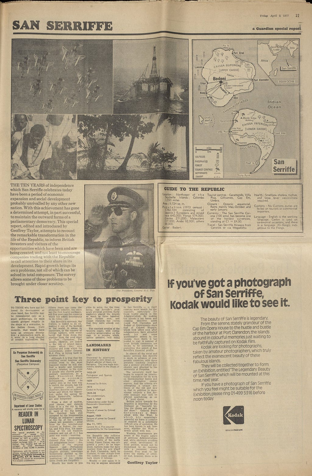 A page from The Guardian’s San Serriffe report showing a map of the island, an advert by Kodak featuring San Serriffe, and an image of General Pica- the leader of the island- saluting. Courtesy of Guardian News & Media.