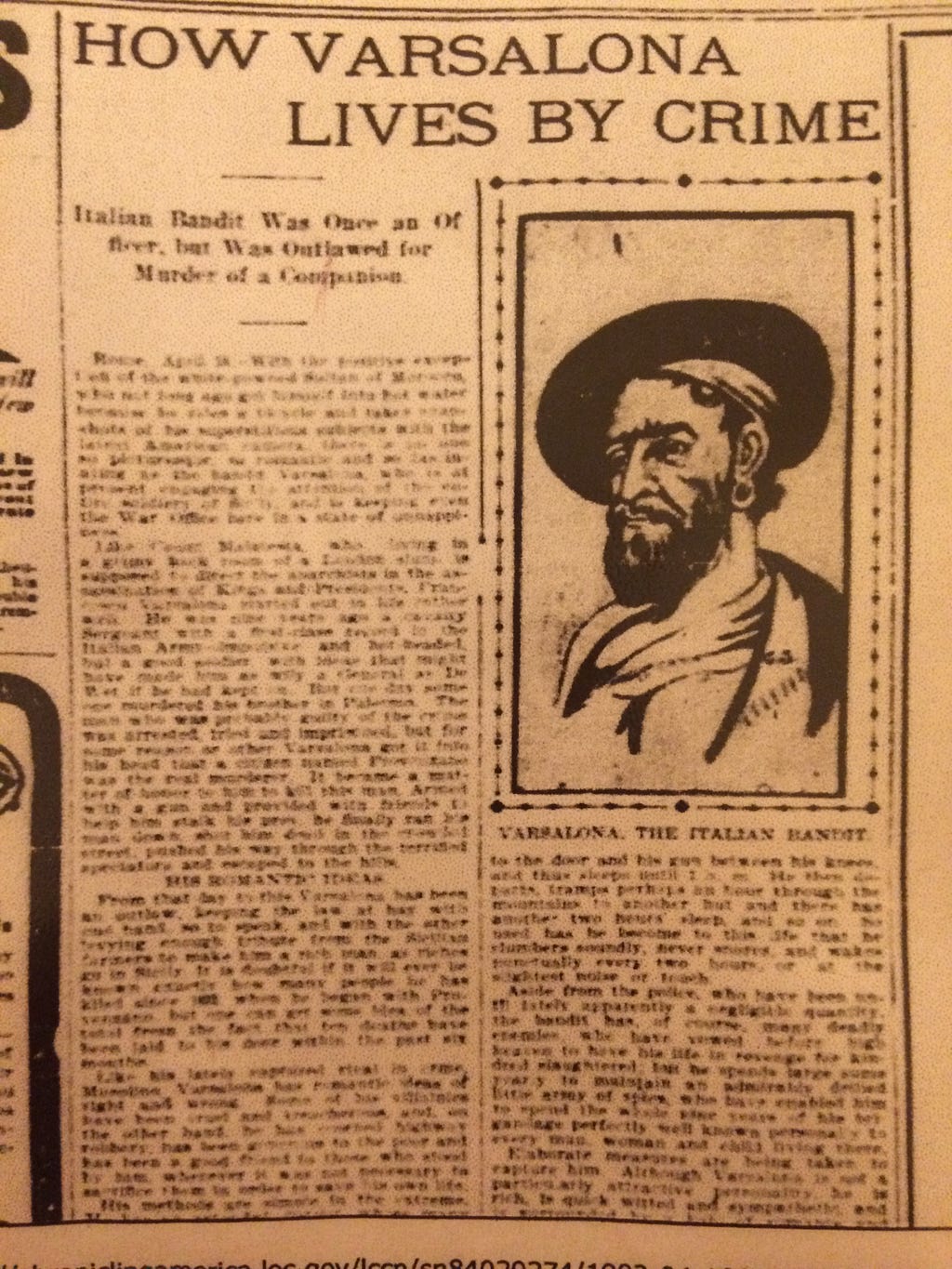 Newspaper article from the early 1900s about Varsalona.