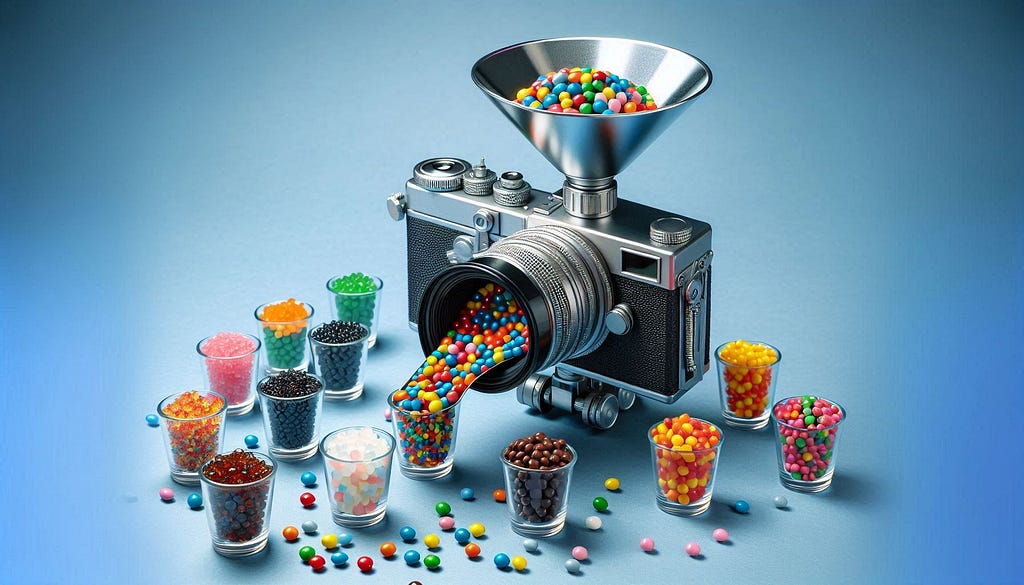 Prompt : une caméra avec un entonnoir rempli de MMS de toutes les couleurs en vrac, tenue par un robot, avec des bonbons triés par couleurs sortant de l’objectif dans des verres assortis