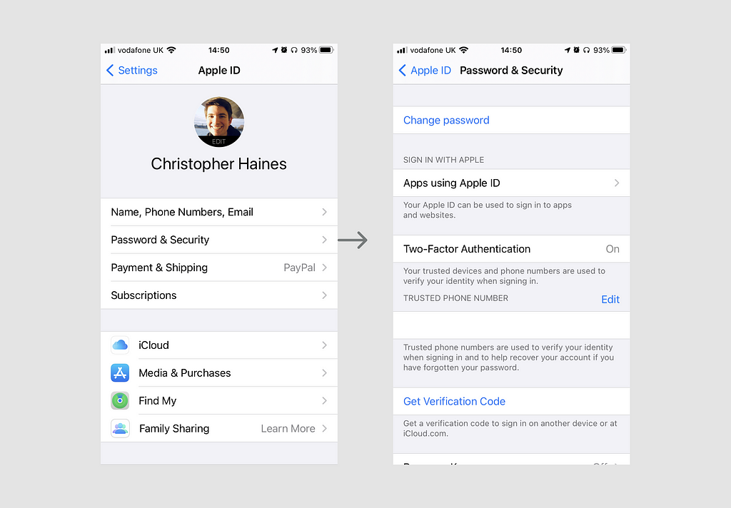 2 screenshots, showing the Apple ID and Password/Security settings in the iOS Settings app.