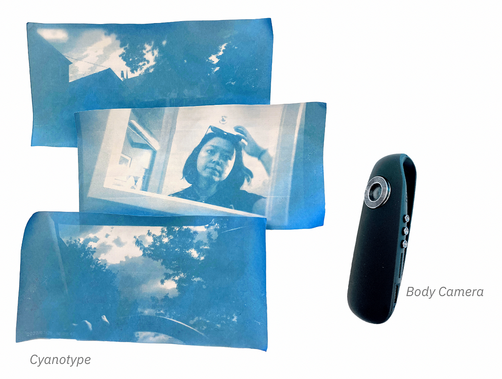 Cyanotype prints of trees, face in mirror, and car interior made from body camera image stills