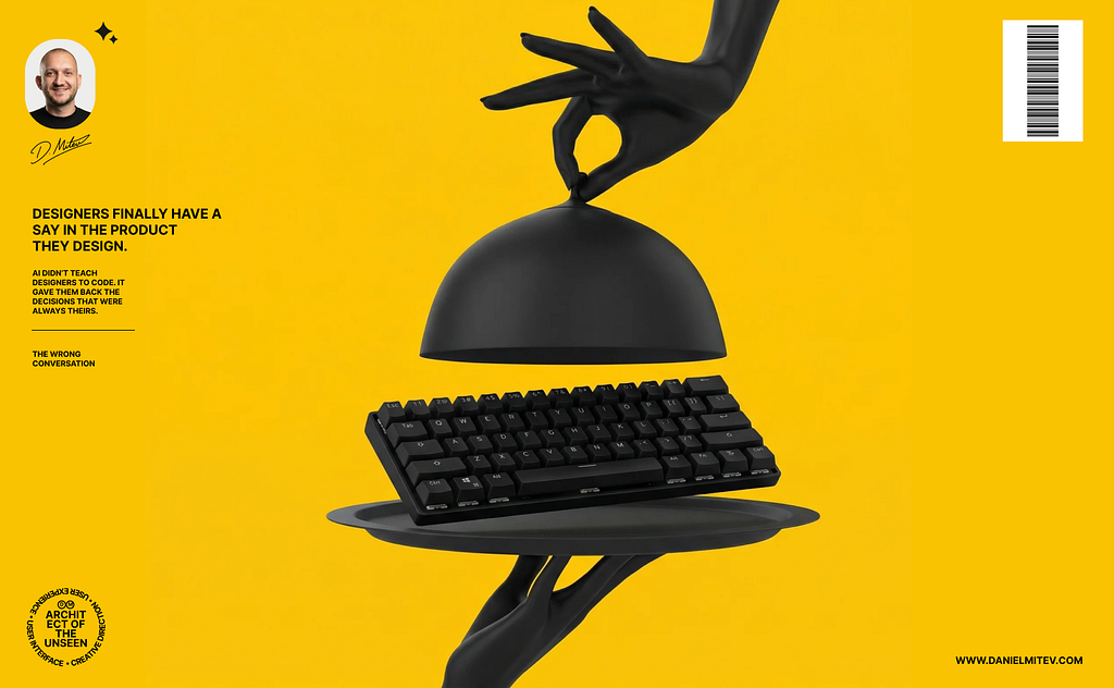 A hand lifting a serving dome to reveal a keyboard on a plate, illustrating the tension between technical execution and presentation or expectations.