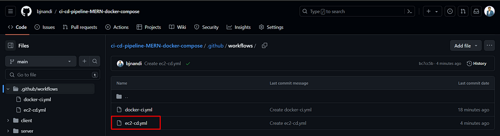 Implement CI/CD Pipeline for MERN app in docker-compose on EC2 using GitHub Actions with Zero or Minimum Downtime ec2-cd workflow file create