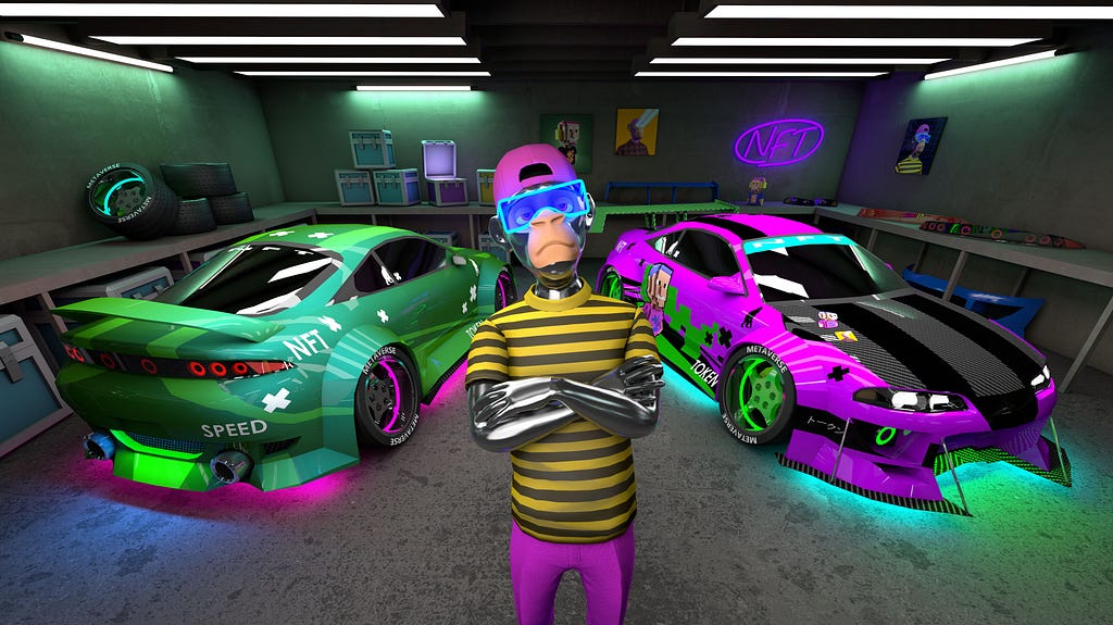 Digital image of a chimp avatar standing cross armed with a cap and glowing glasses on, stripy top and pink trousers. Behind them are two racing cars, one green, one purple. Inside a garage.