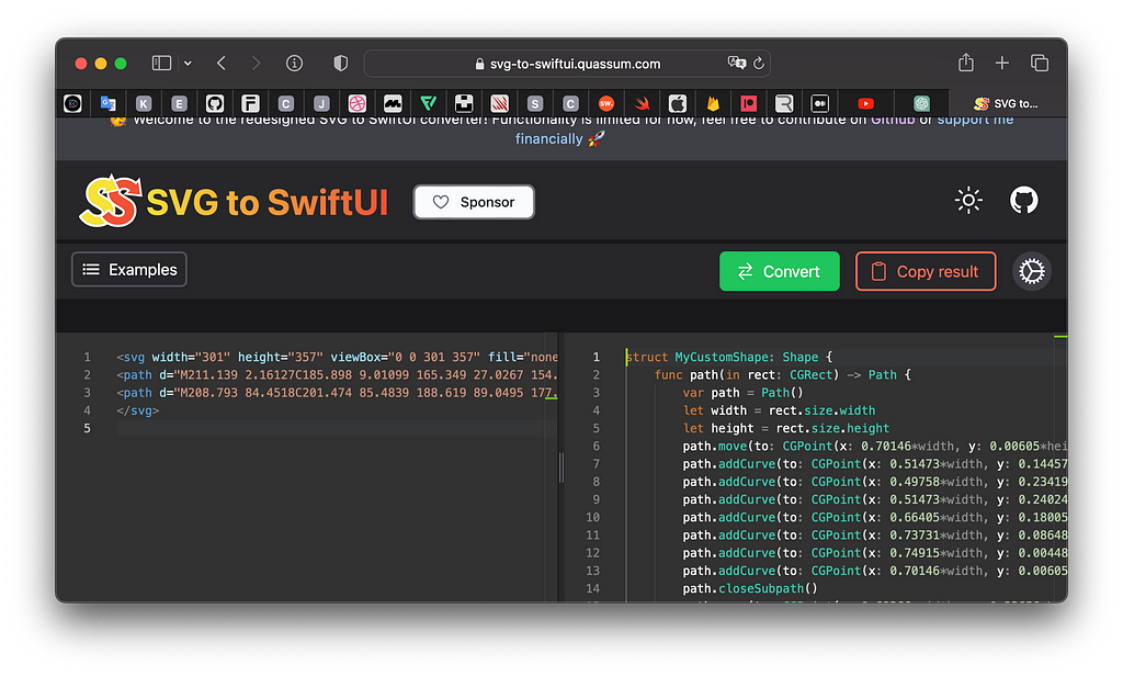 Screenshot from SVG to SwiftUi website