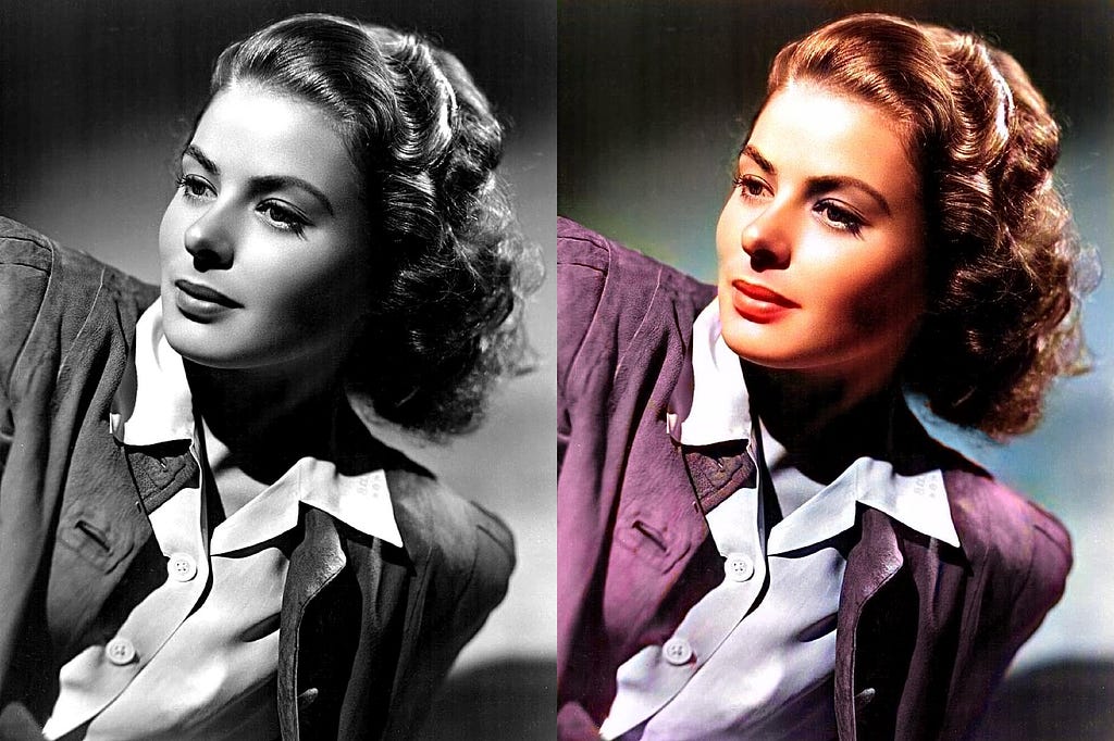 The screenshot is a comparison between old black and white photo (Left) and its ai colorized output version (Right) which is colorized using Pixbim Color Surprise AI