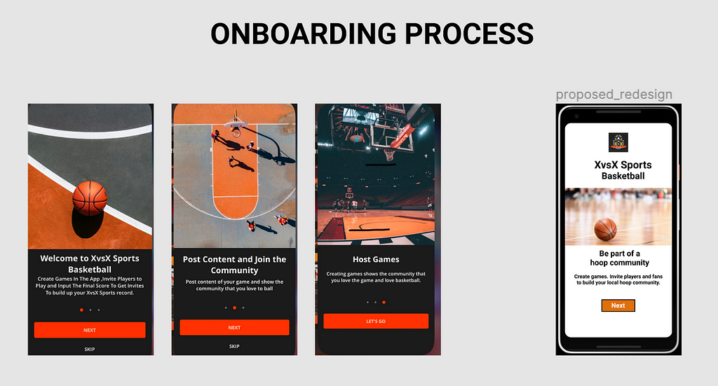 3 screenshots of old onboarding process and a screenshot of new UI design onboarding