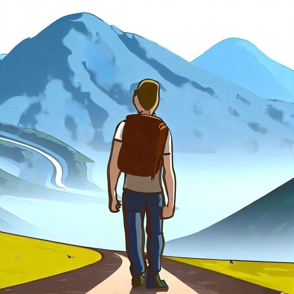 A person with a backpack on walking down a long path towards some mountains.