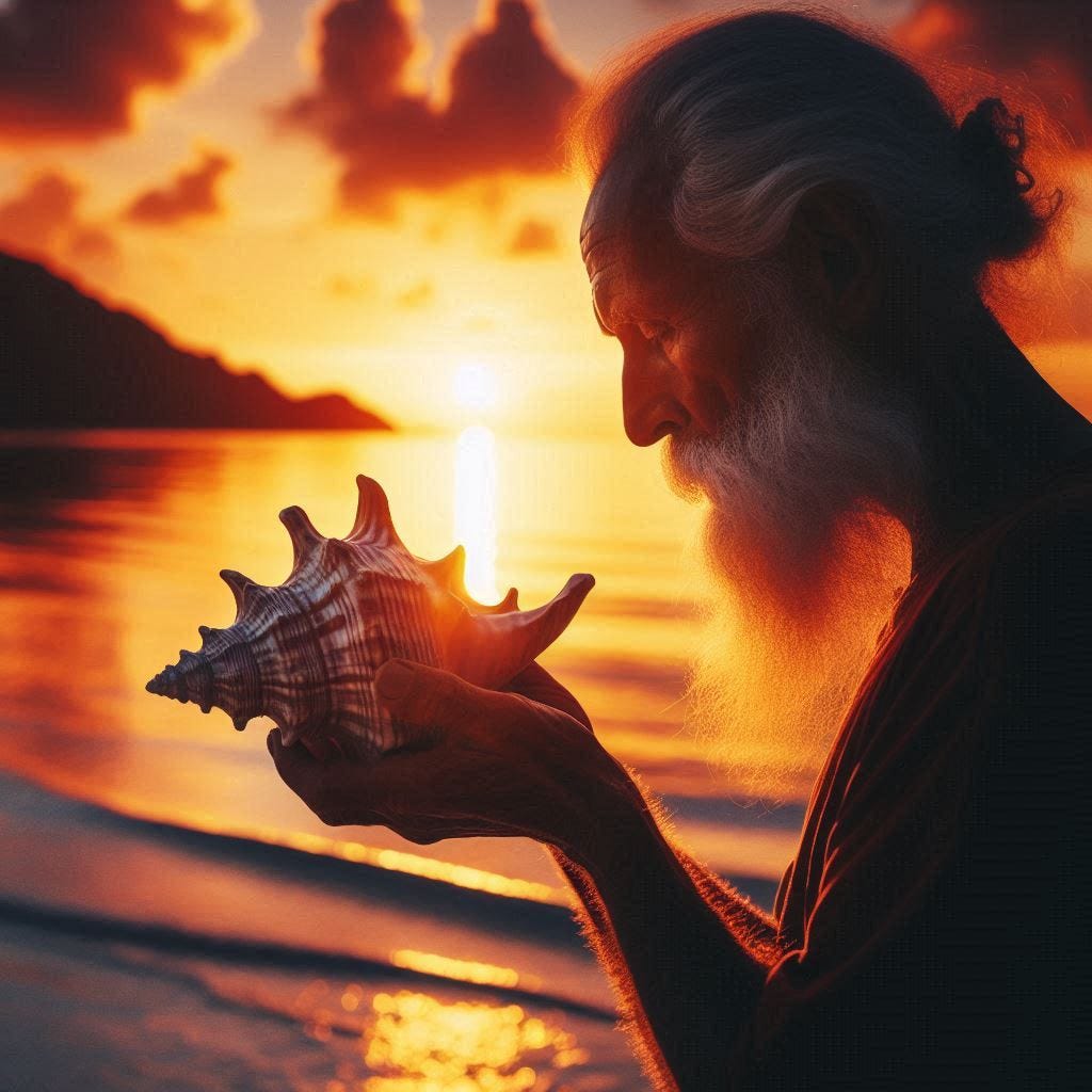 Old Man holding a conch shell and praying