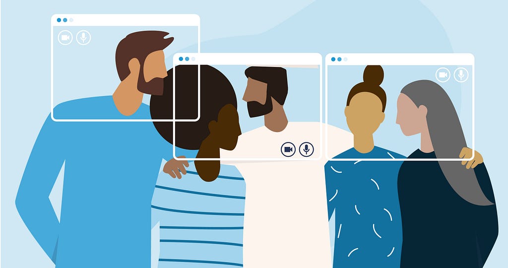 Cartoon graphic of five people standing with their arms wrapped around each other. Floating web browsers of a virtual call frame their faces.