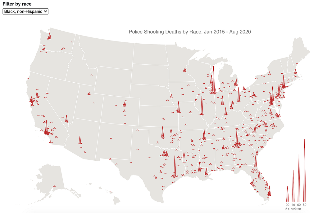 Map of the U.S. showing many red spikes — heights correspond to the number of police shootings of Black people in that city.
