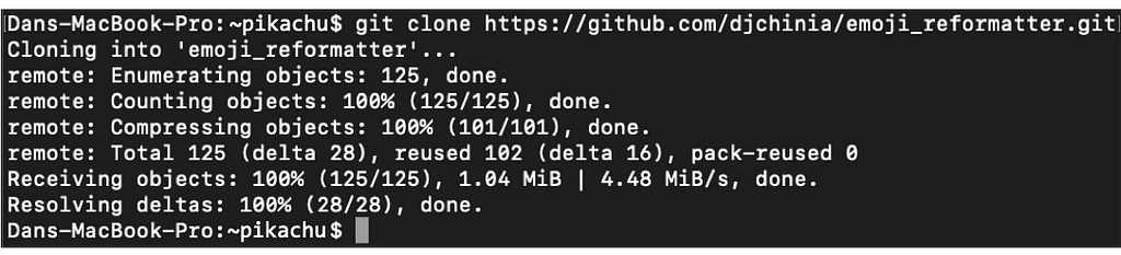 Screenshot of the command line during git clone