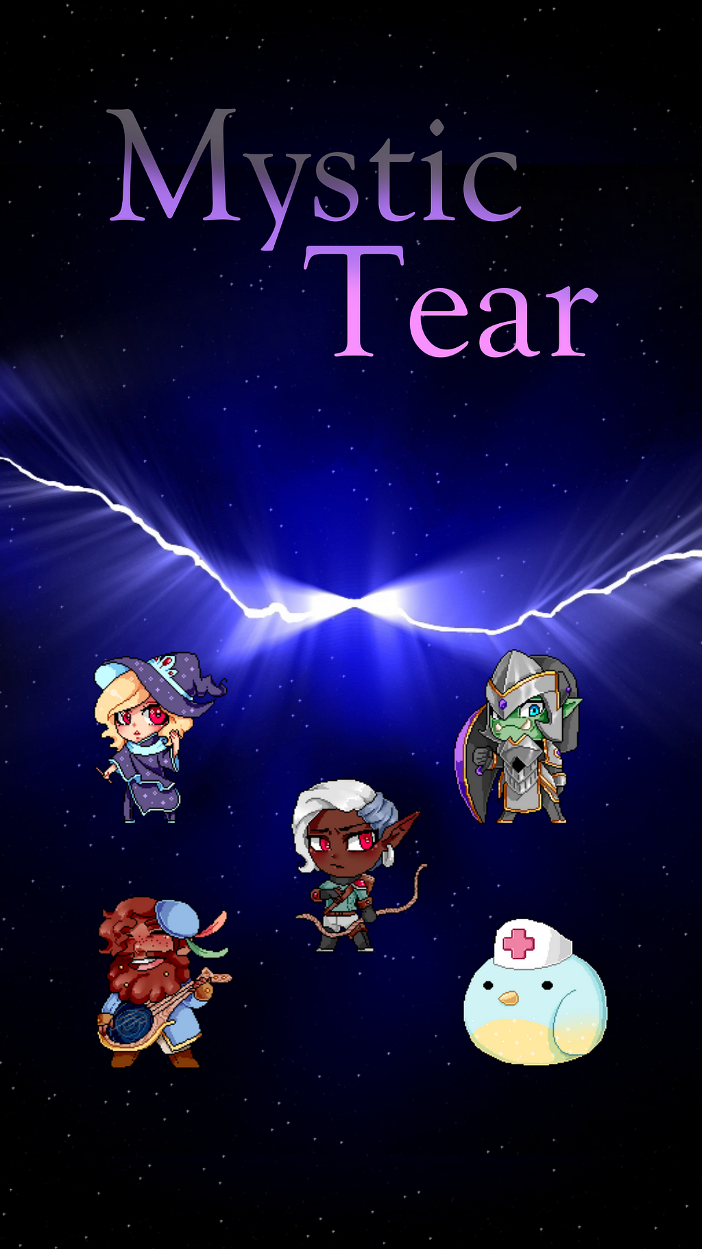 Image of five fantasy creatures with a purple, space background and the title that reads Mystic Tear.