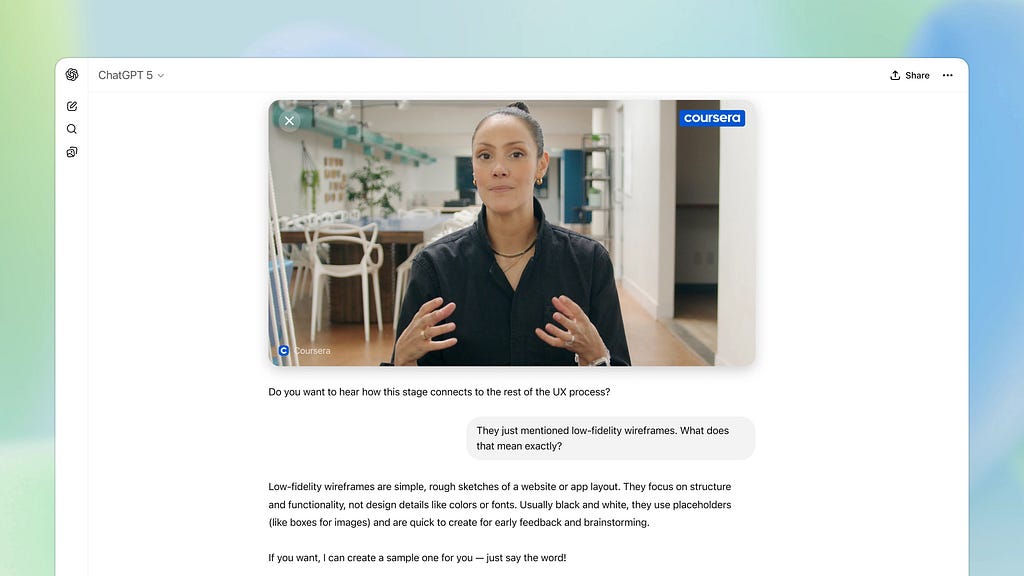 Screenshot showing a Coursera video playing directly inside ChatGPT, where a user naturally asks follow-up questions about UX design concepts through text conversation, demonstrating seamless course discovery and learning.
