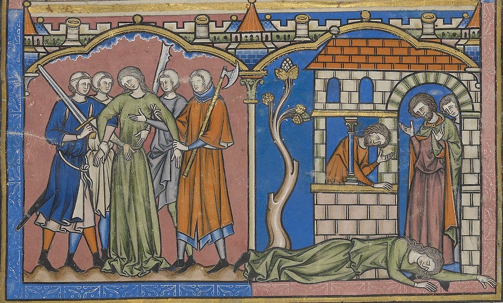 Illumination titled “Gibeah’s Crime” depicting the group rape of a woman in MS M 638 fol. 16r