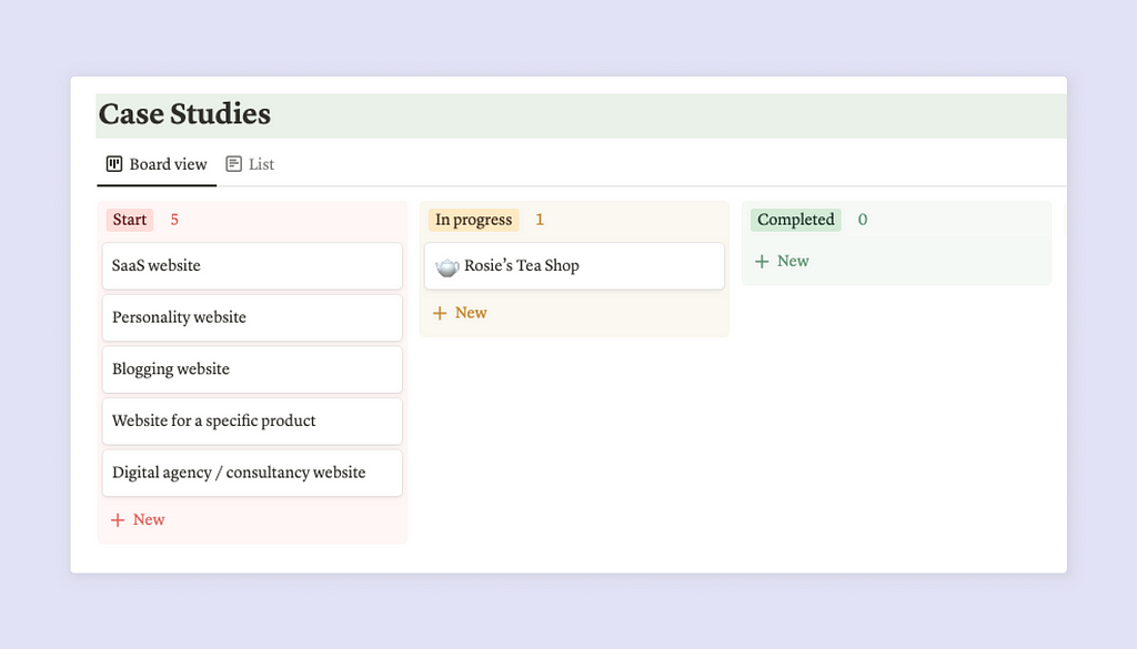 Notion’s Kanban board, showing a list of different case studies. My Ecommerce project is in the ‘In progress’ collumn.