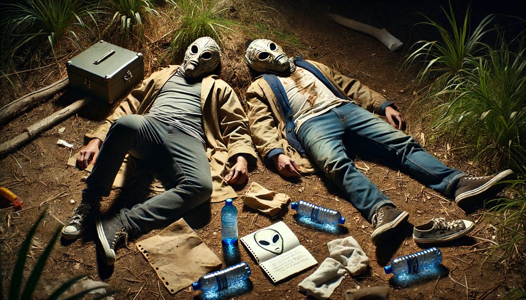 A depiction of the Lead Masks Case without any aliens or UFOs. The scene shows two men lying on the ground of Vintém Hill, wearing homemade lead masks