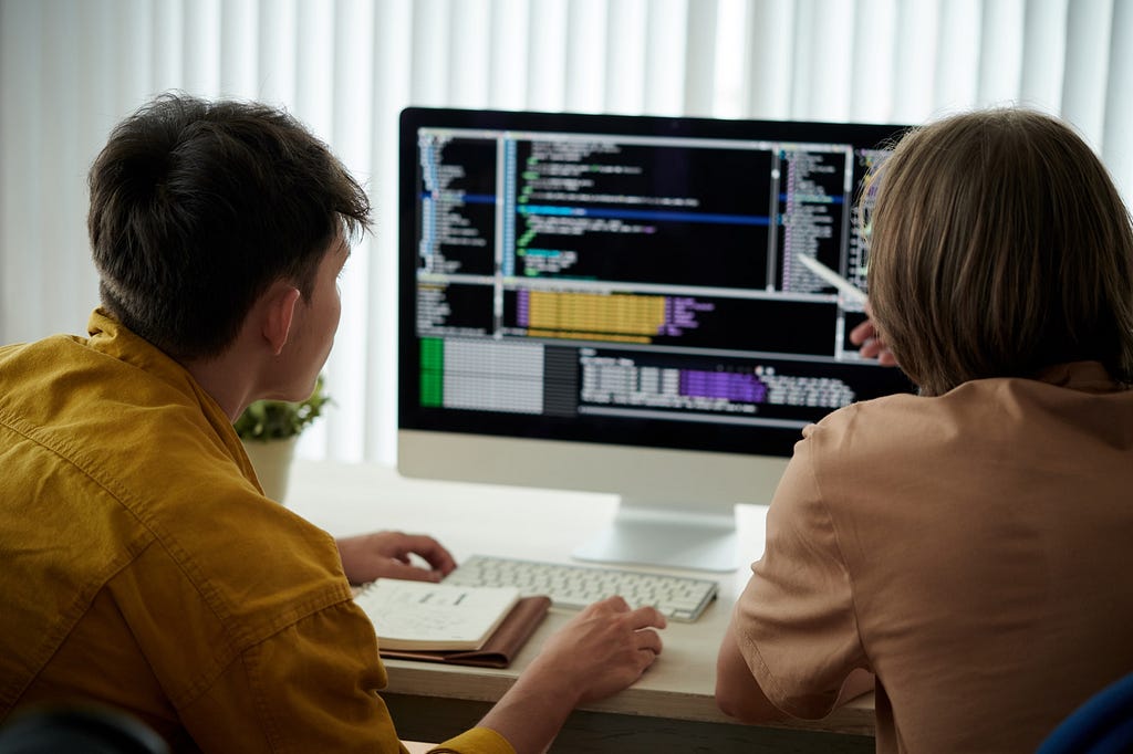 A man and woman in front of computer screen looking at programming code