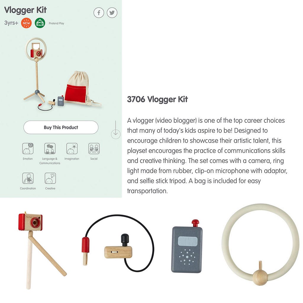 A wooden toy set, displaying a rubber ring light, a camera, a micro port and a lapel microphone