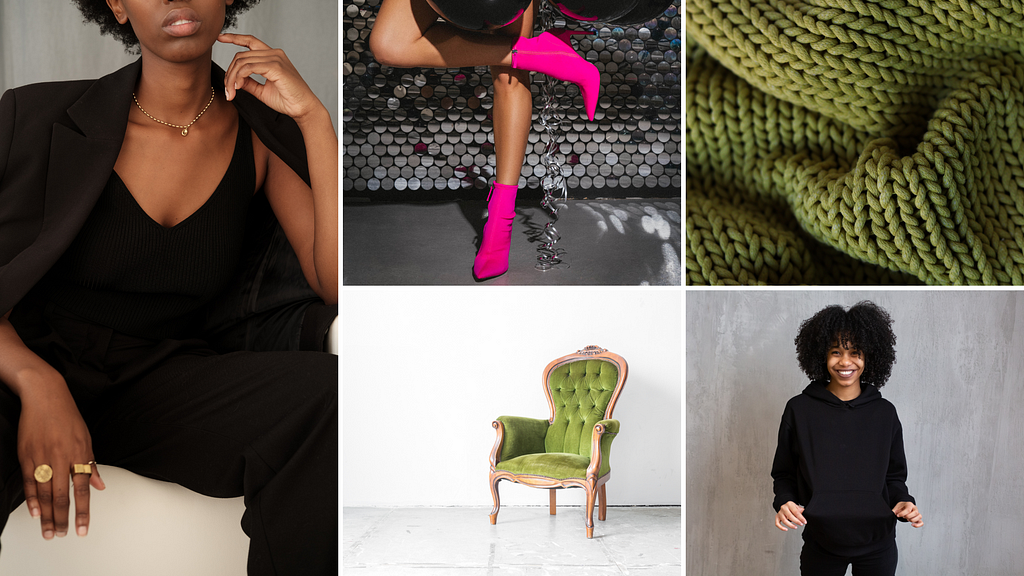 Collage of fashion and home style: On the left, a woman dressed in elegant black attire. Top right, bright pink boots on display. Bottom center, an avocado green vintage chair. Bottom right, a person smiling in casual black clothing. Top left, a close-up texture of avocado green fabric.