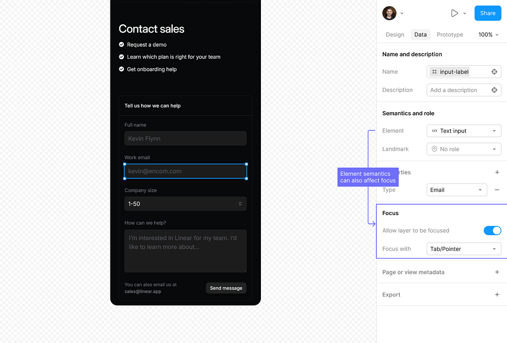 A view of a mobile contact page and the data properties panel, showing how a selected layer in a design can be given focus (and what trigger will accomplish that), and how element semantics can apply this effect automatically.