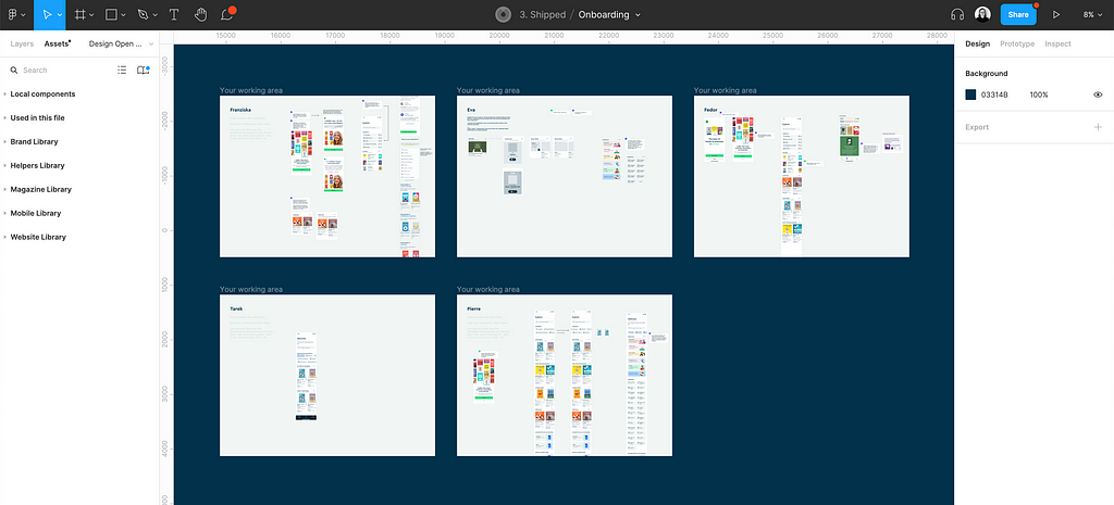 A screenshot from Figma showing 5 artboards with ideas on improving a design.
