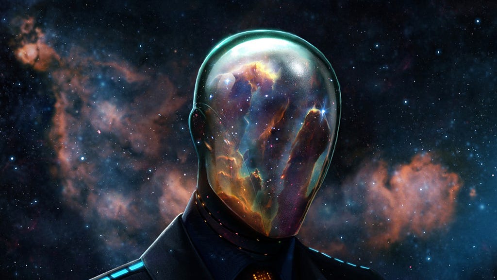 abstraction of man’s head with space and galaxies reflected within
