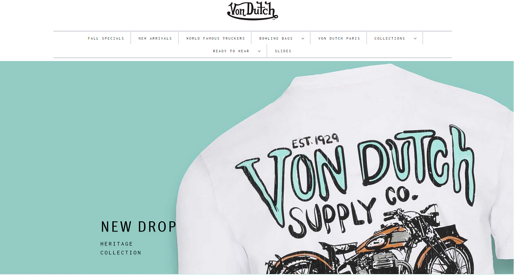 Von Dutch home page white t-shirt with text