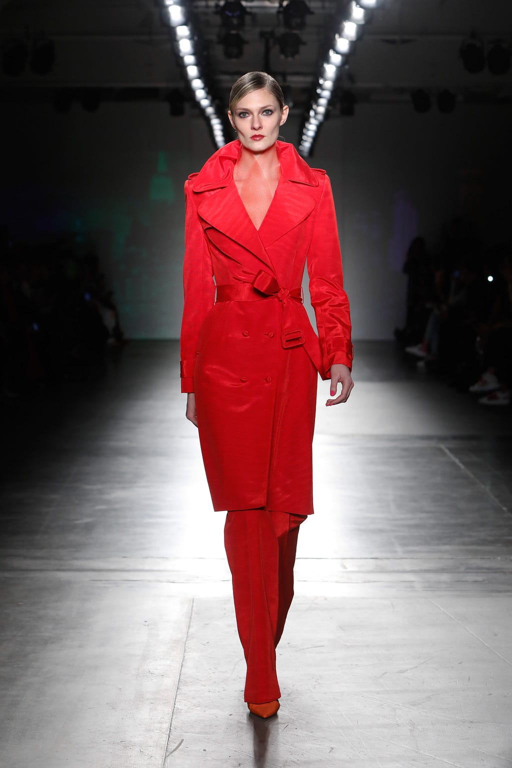 Pop Art Red Faille Evening Trench with Contrasting Orange Under-Collar, Red Horsehair Ascot, Pop Art Red Faille Lean Trouser