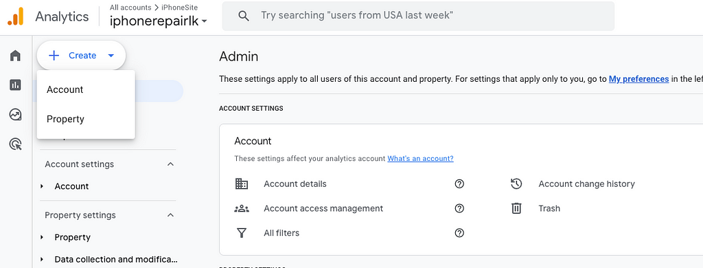 Google analytics Property Create