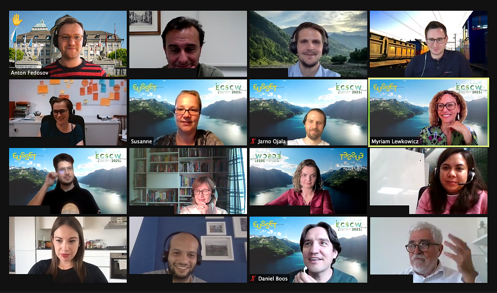 A screenshot of 16 workshop participants presented on the four-by-four grid.