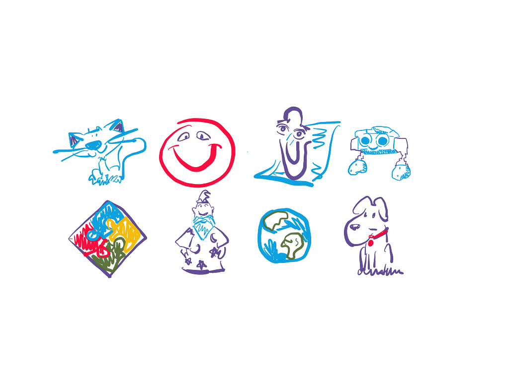 Drawing of variations of Clippy’s avatar: a cat, a red dot, a paperclip, a small robot, the Windows 97 logo, a wizard, mother earth and a puppy