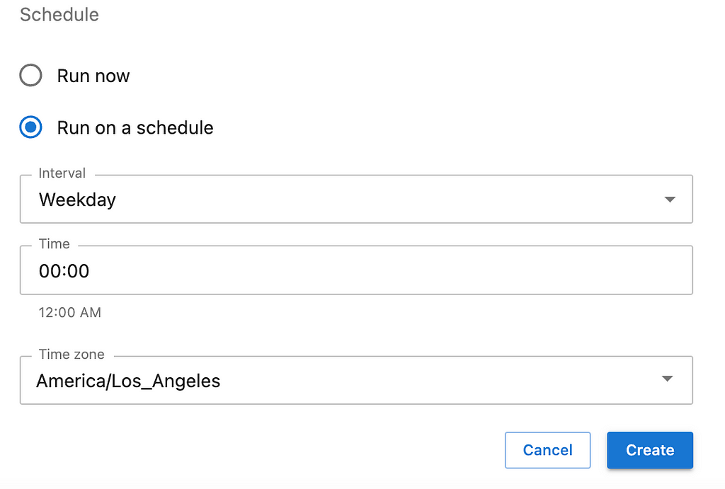 Screen shot of the “run on a schedule” user interface in the Create Job form, with the “weekday” interval selected