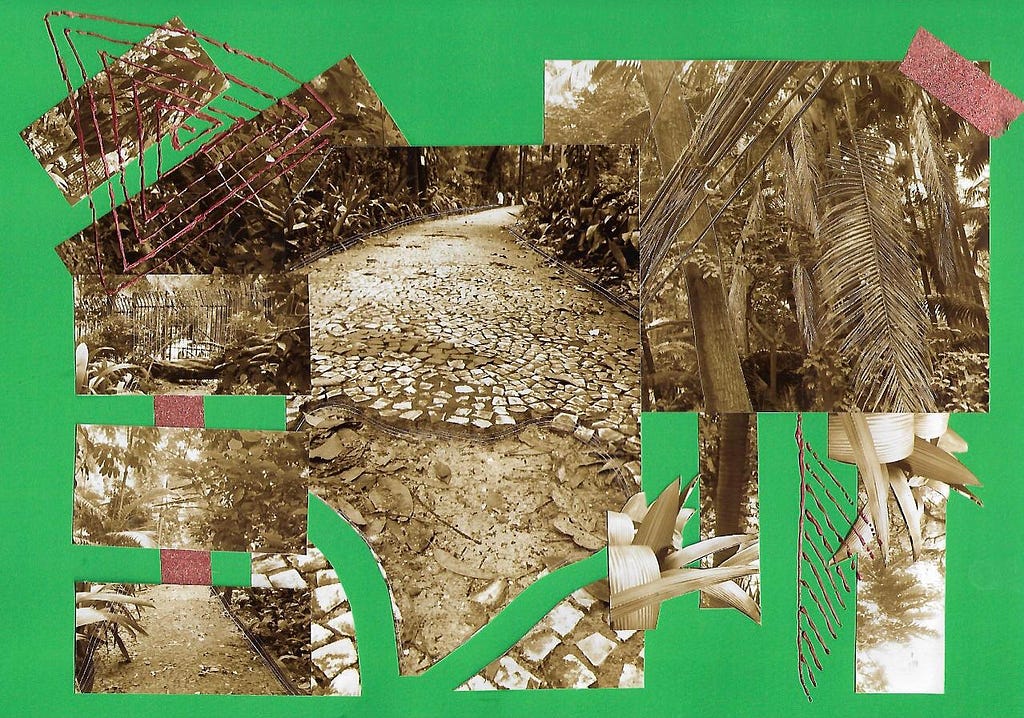 Colagem manual feita pela Leila usando fotografias de um parque em tom sépia sobre um fundo verde.