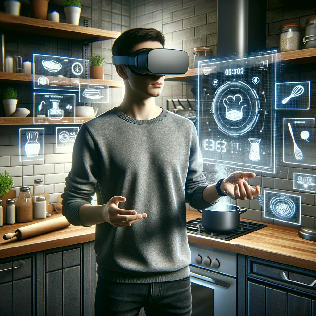 A person wearing modern VR glasses, standing in a kitchen, is seeing a digital overlay of a recipe book, a timer, and ingredient measurements floating in the air around them. The kitchen is well-lit and modern, with a cooking pot on the stove. The person is engaging with the virtual interface, gesturing towards the floating digital elements. The image captures the blend of real-world environment with advanced virtual reality technology, showcasing a future where augmented reality enhances everyd