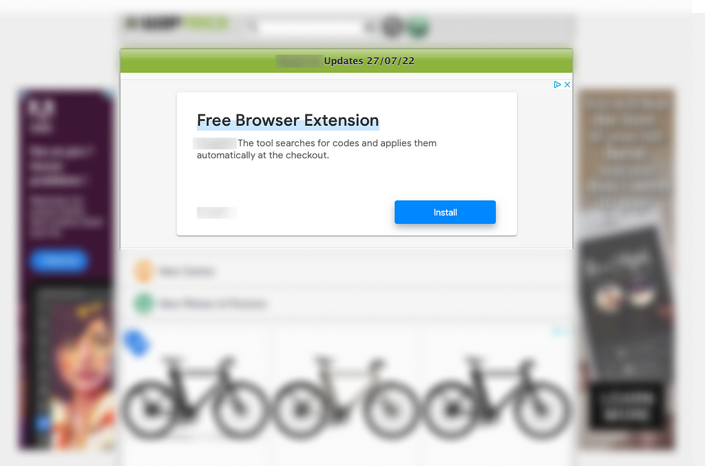 Screenshot of a misleading add, that looks like a primary button to install a free browser extension, but actually will bring you to another unwanted place.