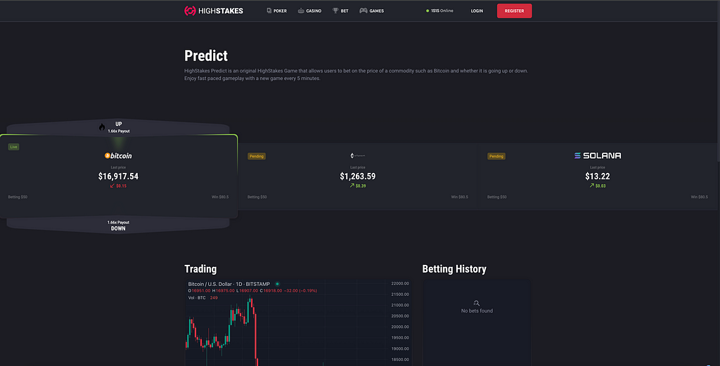 Binary options game where users can predict whether the price of Bitcoin, Ethereum or other commodoties will rise or fall