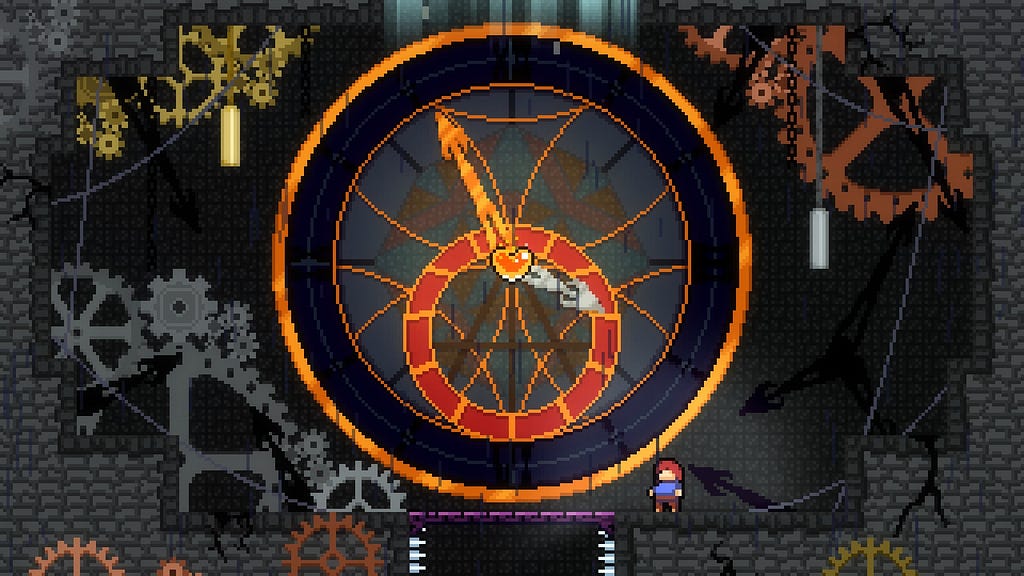 The end screen of Clockwork. Madeline looks up to face a massive clock face, made of gold and silver. It has a dark blue outer ring, a pale gray background, and a smaller red ring. A small orange heart resides at the very middle of the clock. Surrounding the clock is a patchwork of gears of different materials, such as silver, brass, and copper.