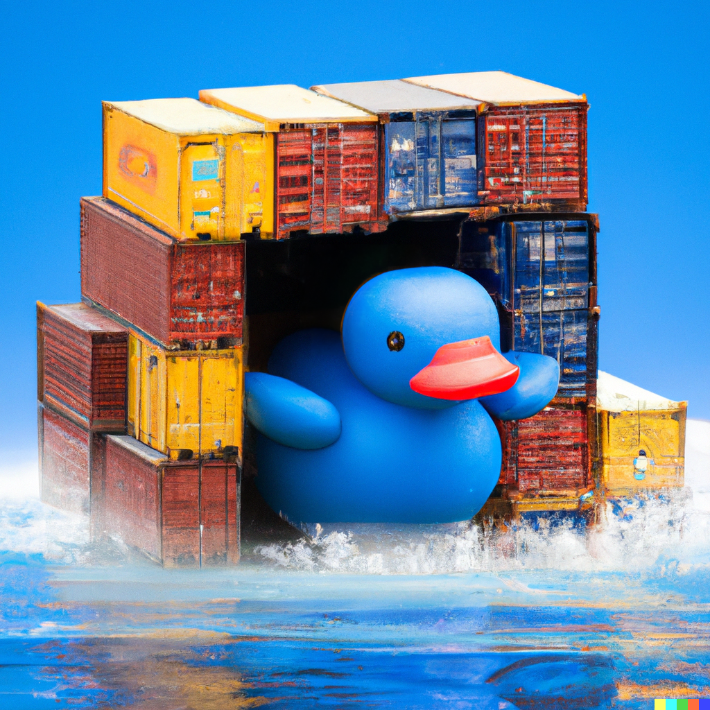 A blue duck sitting in a tiny duck house made from shipping containers