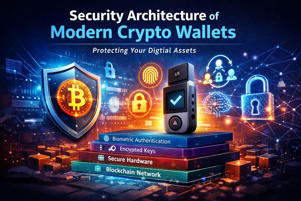 Security architecture of modern crypto wallets showing private key management, encryption, multi-signature security, and blockchain interaction layers