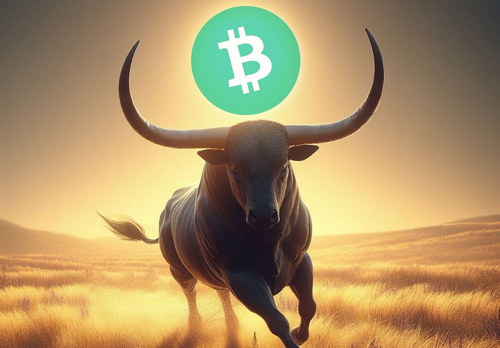 A large, muscular bull in a dynamic pose as if it is charging or running. It is set against a golden field with the lighting suggesting either dawn or dusk, giving the environment a warm glow. The bull’s horns are long and curve upwards. In place of where the bull’s head would typically be, there is a large, green circle featuring the Bitcoin logo in white. The Bitcoin Cash symbol lines through it. The overall scene has an illustrative or digital art quality to it. (description by visionati)