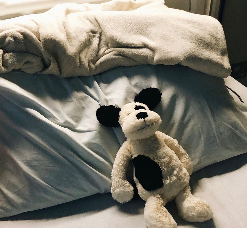 a toy dog sits in a hospital bed.