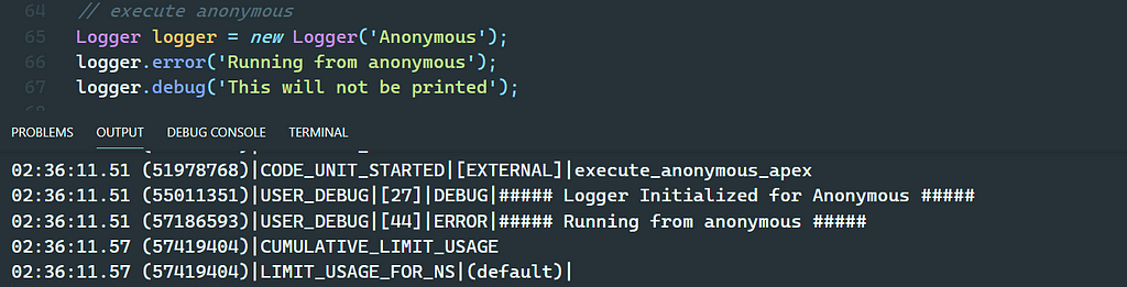 Anonymous apex execution result
