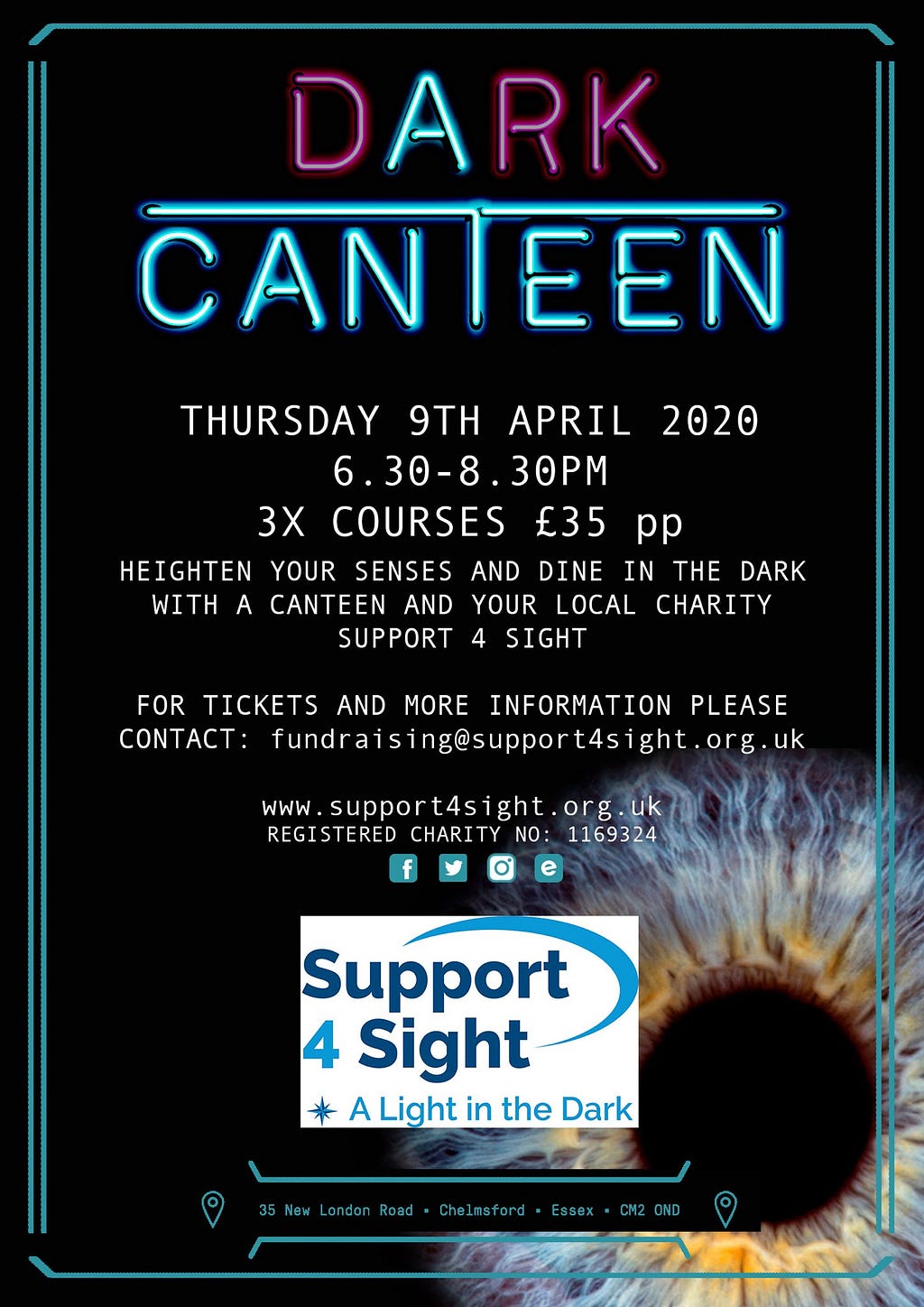 Dark Canteen poster, an immersive experience of eating in the dark to raise funds for sight loss charity Support4Sight.