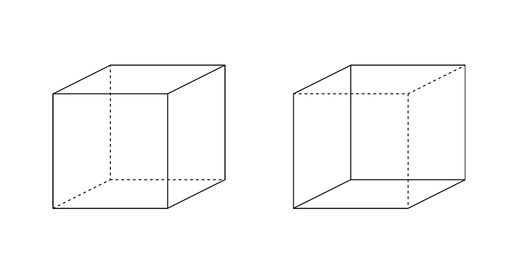 A white image with two cubes in the same style as the image before. Just now some of the lines are dotted and show which side of the cube faces the front and which faces the back. The left cube’s perspective shows the front side is tilted towards the bottom left, for the right cube, its front side is tilted to the top right.